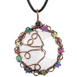 TUMBEELLUWA Crescent Moon Star Crystal Necklace for Women Men Reiki Healing Stone Copper Wire Wrapped Pendant with Adjustable Cord, Rock Quartz