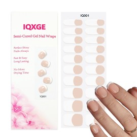 IQXGE Semi Cured Gel Nail Strips, Long Lasting Gel Nail Stickers with UV Light Needed, 20 Waterproof Full Wraps for Women with 1 File, 1 Wood Stick&2 Prep Pad-Nude White French