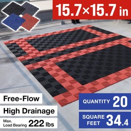 Japard Garage Floor Tiles, 20 Pack Interlocking Flooring Drainage 15.7 x 15.7 inch Covering 34 Sq Ft, Hard Plastic Easy to Install, Outdoor Indoor Basement Parking - Red