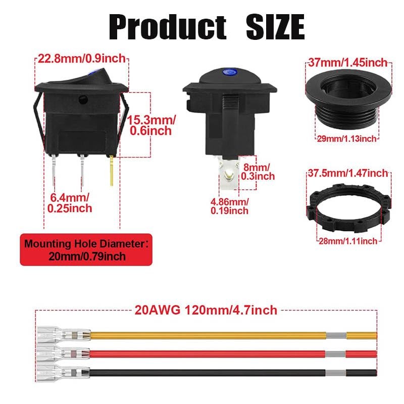 5Pcs Round Toggle LED Switch, 12-24V 20A Car Truck RV