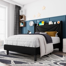Feonase Twin Bed Frame, Upholstered Bed Frame with Charging Station, Wingback Storage Headboard, No Box Spring Needed, Noise-Free, Black
