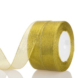 YASEO 1 Inch Gold Glitter Ribbon, 50 Yards Sparkly Metallic Fabric Ribbons for Gifts Wrapping Wedding Party Decoration and Crafts