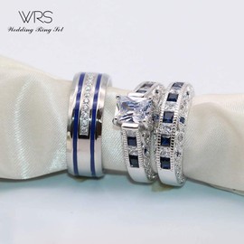 wedding ring set Two Rings His Hers Couples Matching Rings Women's 2pc White Gold Filled CZ Wedding Engagement Ring Bridal Sets Men's Stainless Steel Wedding Band, women's size 9 & men's size 8,