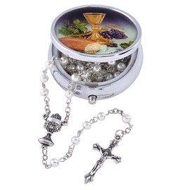 Girls White Acrylic Prayer Bead First Communion Rosary with Body of Christ Case, 18 Inch