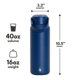 Elemental Core Stainless Steel Water Bottle with Straw - 40 oz Leak Proof Double Wall Insulated Water Bottles for Travel, Sports and Gym - Reusable Bottle with Straw - Navy