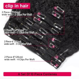 Unipearl Yaki Straight Clip-In Real Hair Extensions, 60 cm / 24 Inches, 8 Pieces, 120 g, Natural Black Hair Extensions for Women, Kinky Straight Remy Real Hair Extensions Clip
