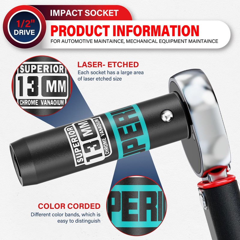 Aiourx 1/2" Drive Impact Socket, 13 mm Deep Socket, Metric,