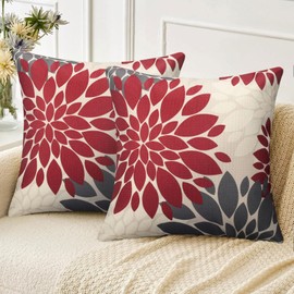Velvhom Linen Cushion Cover, Red and Grey, Set of 2 Decorative Cushion Covers, Dahlia Flowers Cushion Covers, Sofa Cushion, Soft Couch Cushion, Decorative Cushion for Couch, Sofa, Living Room,