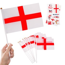 10pcs Small England Flags on Sticks & 2pcs Temporary Tattoos, Mini St Georges England Cross Flags on Sticks Hand Held Flags for Euro Football 2024 Sports Events Celebration Party Decorations