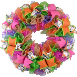 Sugar Skulls Day of the Dead Wreath - Front Door Mesh Wreath - Gingham Orange Lime Green Hot Pink Purple