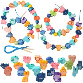 yeestone Threading Game, 32 Pieces Beads Threading Game with Animal Wooden Beads, Wooden Threading Game, Montessori Toy, Threading Game Toy, Cord Toy for 1-4 Years Girls and Boys Gifts