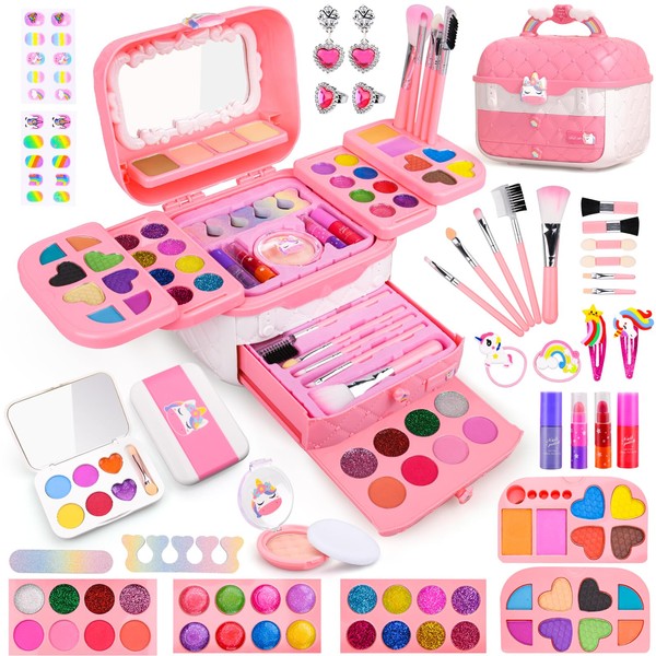 Auney 80 PCS Kids Makeup Kit for Girls 5 6 7 8 Years Old,Unicorn Girls Toy for Little Girls Birthday Gift, Princess Dolls Dress Up Toy for Performance Dance Show Role Play Party