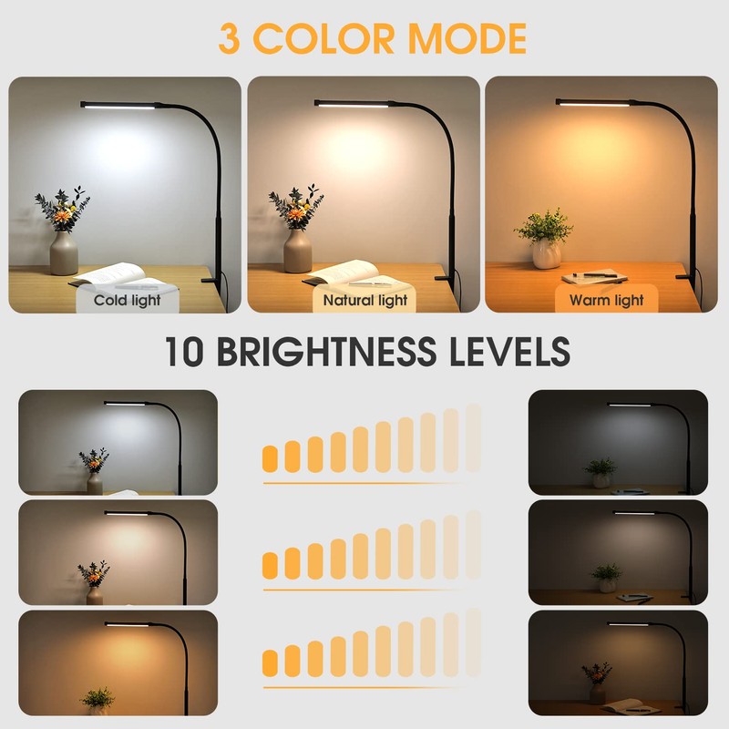 Voncerus LED Desk Lamp with Clamp, Eye-Caring Clip on Lights