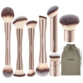 MAANGE MAANGE 7pcs Makeup Brush Set Double Sided Kabuki Makeup Brushes Contour Brush for Foundation Liquid Powder Concealer Cream Cosmetics Bronzer Blending Blush Buffing Makeup Tools (Gold)