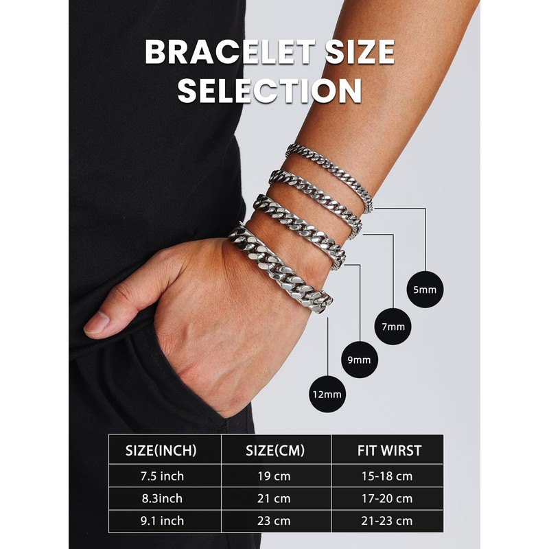 Bestyle 9mm Sturdy Stainless Steel Cuban Bracelet Thick Cuban Link