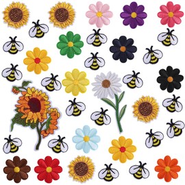 GORGECRAFT 50Pcs Embroidered Flowers Bee Iron on Patches Cute Cartoon Bumble Sunflower Sew on Embroidery Applique Decorative Sewing Patch for Bags Jackets Jeans Clothing Repair Decor DIY Crafts