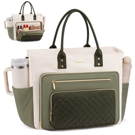 LOVEVOOK Teacher Tote Bag for Women Work, Laptop Bag With Large Cup Holder, Nurse Bags Professional Briefcase Business Computer Purses Handbag,Light Green-Beige-Olive Green,15.6 Inch