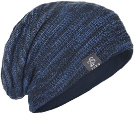 FORBUSITE Mens Slouchy Long Beanie Knit Hat for Summer Winter, Oversize Striped Navy Blue