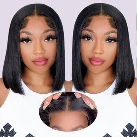 YFOXI Wear and Go Glueless Wigs Human Hair Pre Plukced Pre Cut Bob Wig Human Hair 4x4 Lace Closure Glueless Wigs for Black Women Straight Lace Front Wigs for Beginner Bob Wig (12Inch)