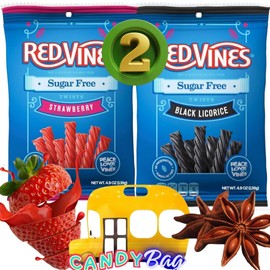 (PACK OF 2) Sugar Free Red Licorice Vine Twists Candy - Original Black and Strawberry Soft & Chewy - 1 Bag of 4.9oz of Each Flavor - Comes With One Bus Resealable ZipBag