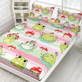 AILONEN Cartoon Frog Fitted Sheet Set Twin Size, Red Mushroom Bed Sheet Set,Cute Snail Frog Green Animals Colorful Sheet for Kids Girls 3 Pieces, 1 Fitted Sheet and 2 Pillowcases