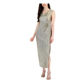 Connected Apparel Womens Petites Metallic Cowl Neck Evening Dress Gold 8P