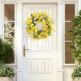 TOCHGREEN Artificial Spring Wreath for Front Door 18Inch Yellow White Daisy Wreath Summer Wildflower Wreath Silk Floral Wreath with Green Eucalyptus Leaves for Farmhouse Window Indoor Outdoor Decor