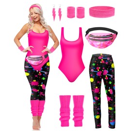 7 Pcs 80s Workout Costume 80s Accessories Set 80s 90s Leotard Legging Headband Wristbands Leg Warmers Earrings Fanny Pack
