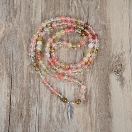 Inspirational Yoga Bead Bracelet 108 Mala Stone Necklace with Dainty Lucky Feather Pendant, Stone