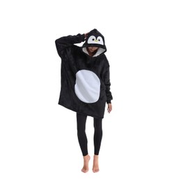 Pingüino Manta con capucha Sherpa Animal TV Manta para mujeres y hombres, cálida sudadera de gran tamaño con bolsillos, Negro -, Talla única