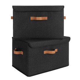 GRANNY SAYS Black Storage Bins with Lids, Decorative Storage Boxes with PU Handles, Linen Closet Organizer, Storage Baskets for Shelves, Fabric Storage Bins for Clothes, Extra Large