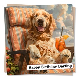 Funny Dog Birthday Card - Dog Relaxing on Sun Lounger With A Drink - Happy Birthday Darling - For Dog, Golden Retriever or Puppy Lovers