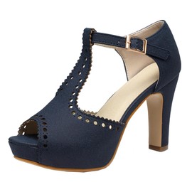 getmorebeauty Sandalias de tacón clásico para mujer, de gamuza, con correas en T, bloque de vestir, sandalias de tacón alto, marino, 7.5 US
