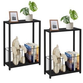 Homleke Narrow Side Tables Set of 2 with Magazine Holder, Skinny End Tables Perfect for Small Spaces, Space-Saving Design for Living Room, Bedroom, or Office, 7.1" D x 16.9" W x 23.6" H, Black