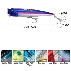 Dr.Fish Topwater Popper Saltwater Fishing Lures, 5.5 Inches GT Popper VMC Treble Hooks Surf Fishing Lures for Striper Pike Salmon Lures Bass Popper Fishing Plugs Offshore Blue/Purple