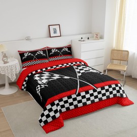 Castle Fairy Race Car Themed Comforter Set Queen Size,Black White Checkered Flag Print Bedding Set for Women Adult,Red Stripes Geometric Grid Plaid Luxury Bed Duvet Insert, 2 Pillowcases