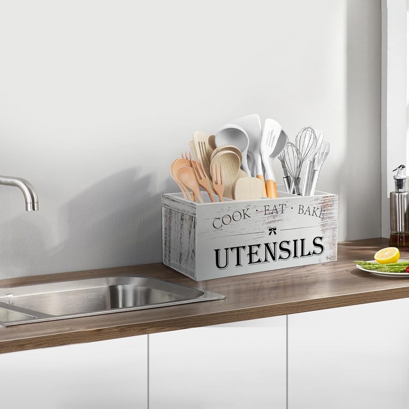 Kitchen Utensil Holder with 3 Compartments, Wooden Storage Utensil Organizer