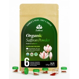 Zaffrus - Certified Organic Premium Saffron Powder for Cooking Saffron Rice, Paella, Risotto, Soup, Desserts & Herbal Teas. Pack of 6 (.75 gram/ .026 Oz)