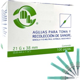 Aguja para toma y recolección de sangre verde 21G X 38 mm (1 1/2”) Vacusystem Desechable Caja con 100 Piezas
