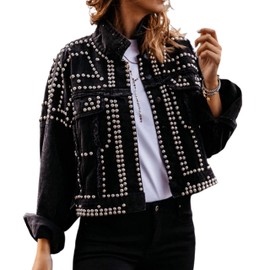 APAFES Women's Fashion Crop Fringe Denim Jacket Distressed Western Studded Black Trucker Jacket(0270-Black-XL-NG)