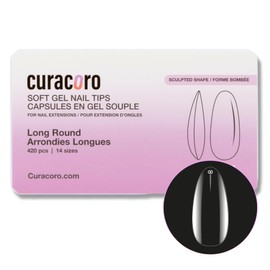 Curacoro Sculpted Long Round Gel Nail Tips 420Pcs, Clear Full Cover Soft Acrylic Tips 14 Sizes, Easy to Use, Long-Lasting, Glossy Finish