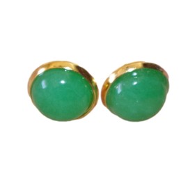 Chinese Hunter Green Jade Round Dome 12MM 14K GF Stud Earrings