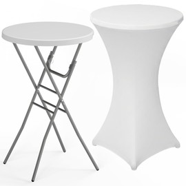 HLPB 28" Round Folding Table with Cover, Foldable Bar Height Table with Removable Legs, Cocktail Table with Handle and Locking Legs for Parties, Patio, Backyard, Wedding, Dining, White
