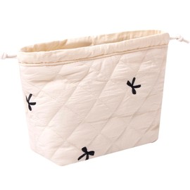 SURBEAV Aesthetic Cotton Quilted Drawstring Makeup Bag - Cute Travel Toiletry Organizer with Canvas Lining, Lightweight and Durable Cosmetic Pouch for Women Girls (White bow)