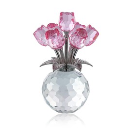 Crystal Flower Figurine Faceted Glass Pink Rose Bouquet Statue Paperweight Gift for Her Collectible Ornament Desk Home Decor
