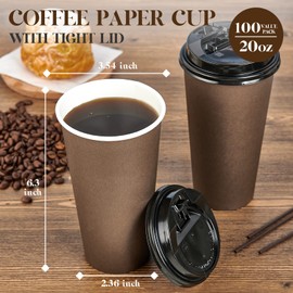 LITOPAK 100 Pack 20 oz Paper Coffee Cups, Brown Disposable Coffee Cups with Lids, Drinking Cups for Hot Coffee, Water, Juice, or Tea, Hot Paper Coffee Cups for Home, Restaurant, Store and Cafe.