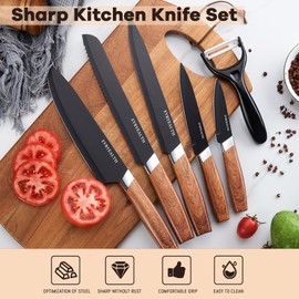 RETROSOHOO Kitchen Knife Set, 6-Pieces Sharp knives Set with Non-Stick Blades and Ergonomic Design Handles, Cutting Knives Set for Home, Cooking Knives with Gift Box Including Peeler (Black)