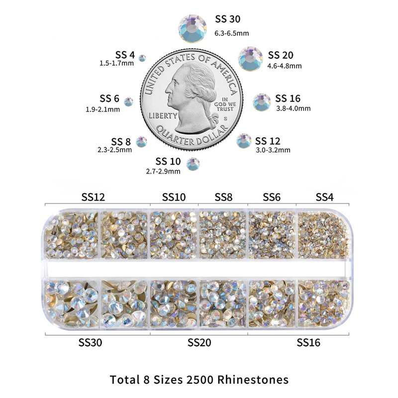 Beadsland Rhinestones for Makeup, 8 Sizes, 2500 Pieces, Crystal Flat
