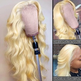 MYMYDA Human Hair Wig 613 Blonde 13x6 HD Lace Front 34 Inch Long Body Wave Glueless Lace Frontal Wigs Pre Plucked with Baby Hair for Black Women Natural Look Daily Wear 180% Density