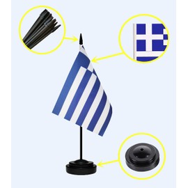 Greece Greek Deluxe Desk Flag Set, Small Mini Miniature Greece Greek Table Desktop Flags With Solid Pole, Black Base and Spear Top(2 Pack)